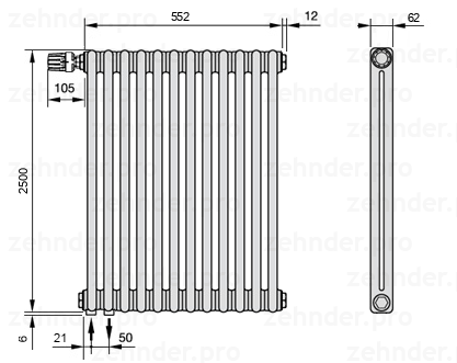 Схема (чертеж) Радиатор Zehnder Charleston 2250/12 №V001 Белый глянцевый RAL 9016